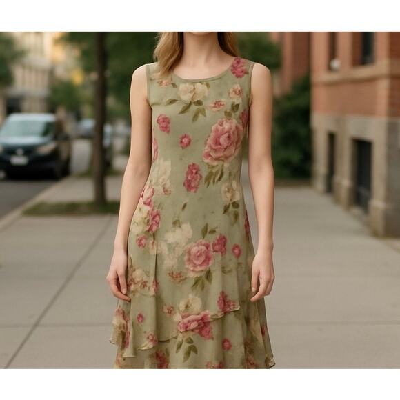 Vintage Cattiva  Women’s Floral 100% Silk Layered Slip Dress Size 10 Sage Green - Picture 1 of 12